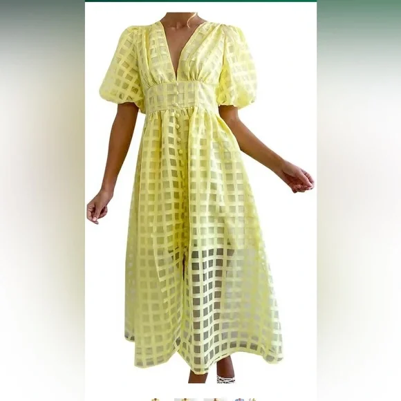 Chic Yellow Checkered Midi Dress - Picture 1 of 1